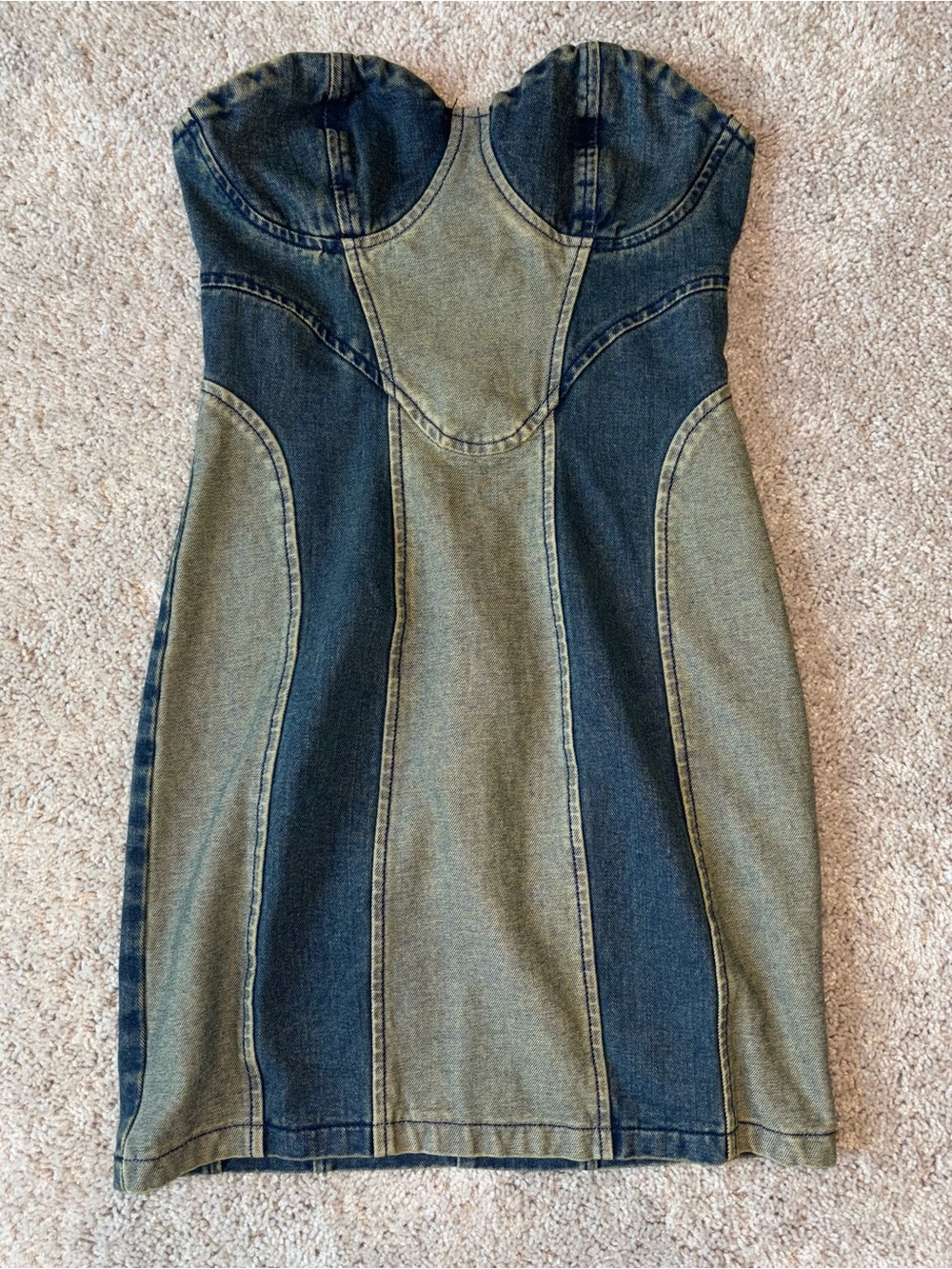 PrettyLittleThing Two Tone Colorblock Denim Bustier Corset Mini Dress US 4